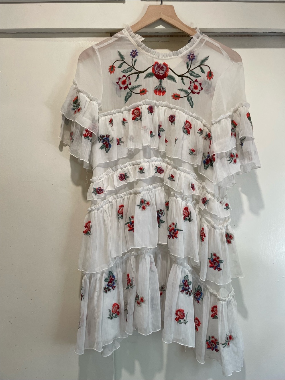Zara White Mini Dress with Red & Green Floral Embroidery